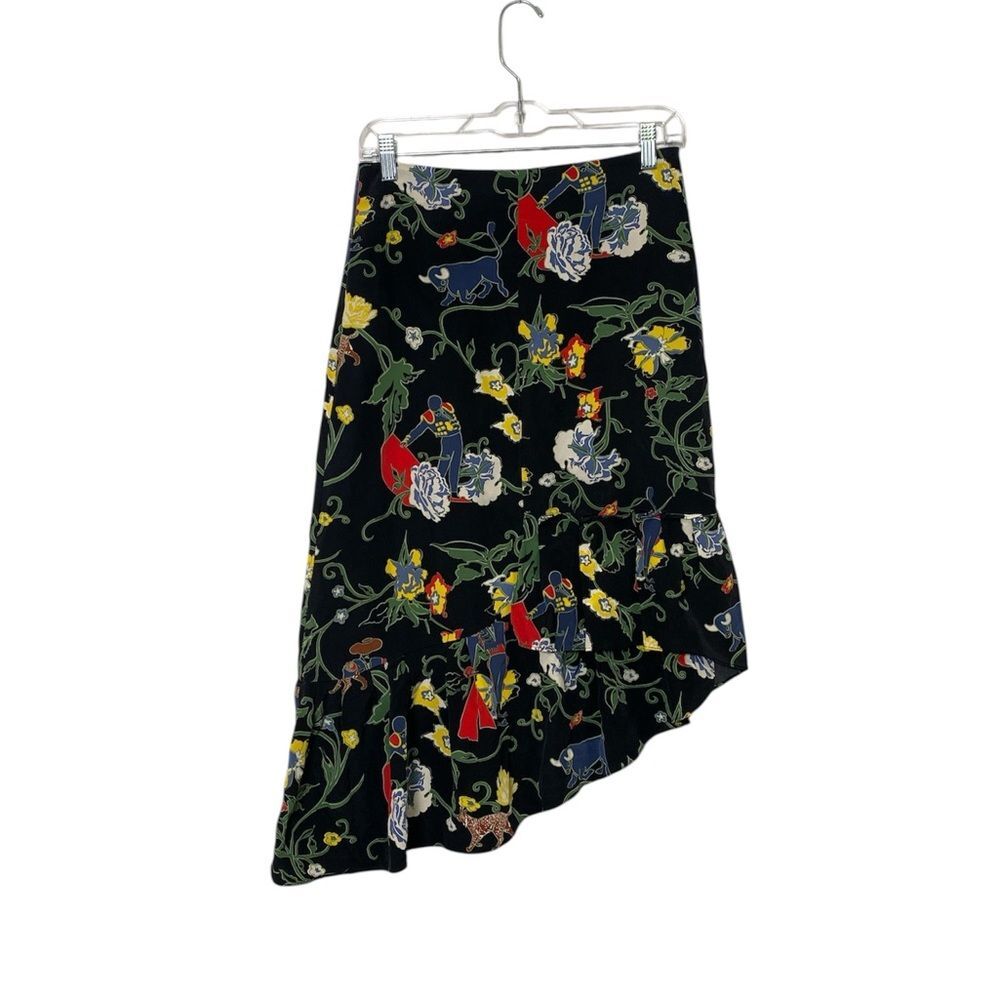 Tibi Silk Asymmetrical Ruffle Skirt Size 2 Floral Novelty Print Designer Chic